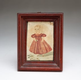 MINIATURE AMERICAN SCHOOL FOLK ART WATERCOLOR PORTRAIT OF A CHILD.