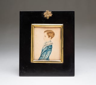 MINIATURE AMERICAN SCHOOL FOLK ART INK AND WATERCOLOR PORTRAIT OF A BOY, DATED 1859.