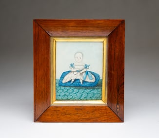 MINIATURE FOLK ART WATERCOLOR PORTRAIT OF A YOUNG CHILD.