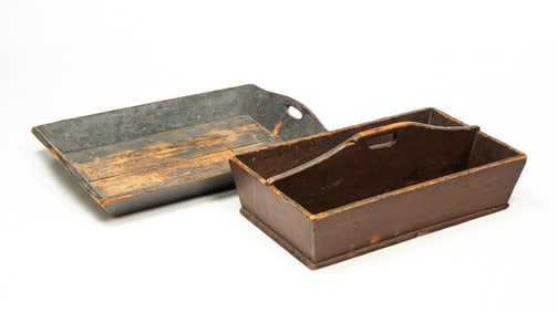 AMERICAN BLUE-PAINTED TRAY AND RED-BROWN PAINTED CARRIER.