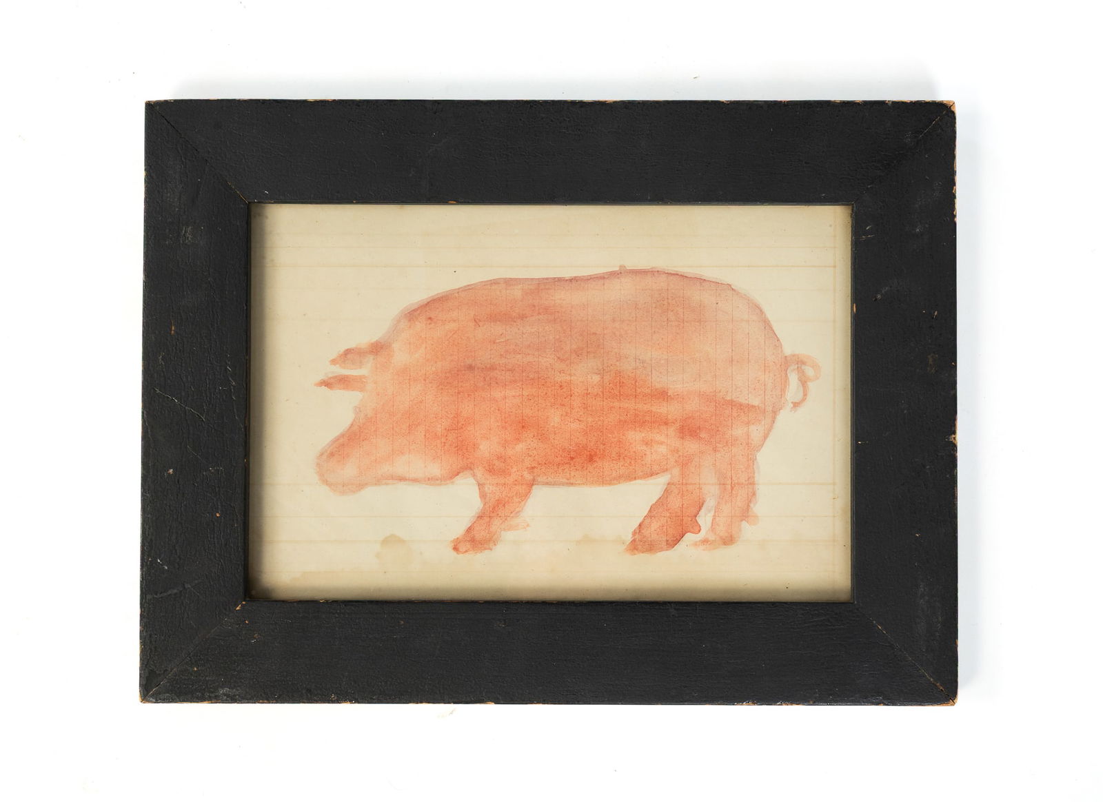 ATTRIBUTED TO WAYNE B. BLOUCH (LEBANON CO., PENNSYLVANIA, 1900-1955) FOLK ART WATERCOLOR OF A PIG.: American, Late 19th Century. On ledger paper. Depicting a pink pig with a curled tail. Note to back reads "Painted by Wayne B. Blouch, c.1880, Lancaster, Penn.". 7.5"h. 11.5"w. In an ebonized frame be