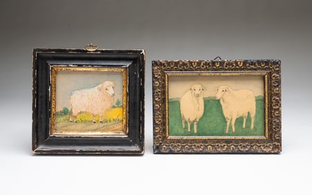 TWO MINIATURE AMERICAN SCHOOL WATERCOLORS OF SHEEP.