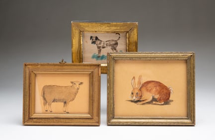 THREE MINIATURE AMERICAN SCHOOL WATERCOLORS OF ANIMALS, TWO SIGNED "P. HACKETT."