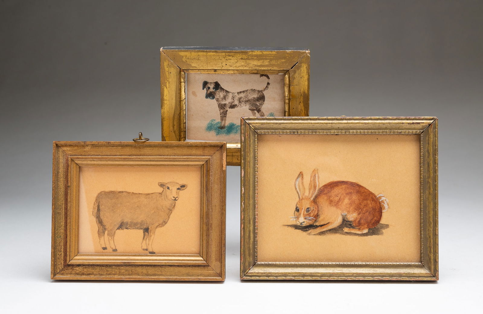 THREE MINIATURE AMERICAN SCHOOL WATERCOLORS OF ANIMALS, TWO SIGNED "P. HACKETT." (1 of 5)