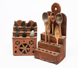 TWO PAINT DECORATED HANGING SPOON RACKS.