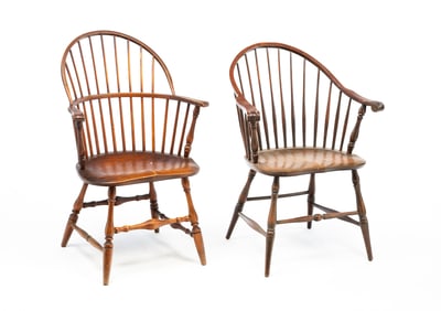 TWO AMERICAN COLONIAL STYLE HARDWOOD WINDSOR ARMCHAIRS, INCL. B.C. CO. (NEW YORK, NY).