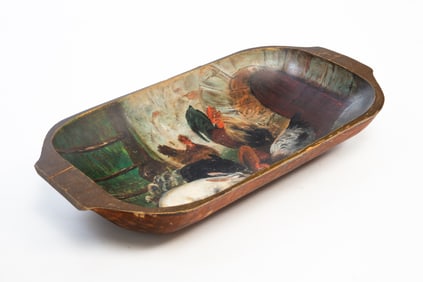 AMERICAN WOOD TRENCHER PAINTED WITH A FARM ANIMAL SCENE.