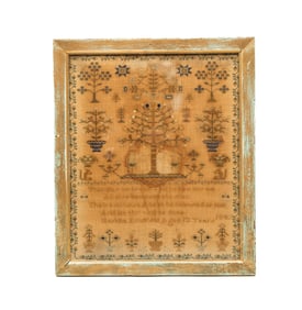 ADAM AND EVE NEEDLEWORK SAMPLER BY MARTHA LINDFIELD.