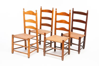 FOUR AMERICAN HARDWOOD AND SPLINT-WOVEN LADDERBACK SIDE CHAIRS.