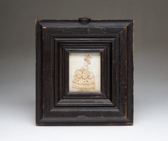 MINIATURE AMERICAN SCHOOL FOLK ART INK AND WATERCOLOR PORTRAIT OF A FANCY LADY.