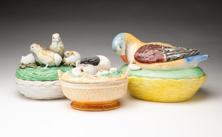 THREE STAFFORDSHIRE ANIMAL-ON-NEST COVERED DISHES.