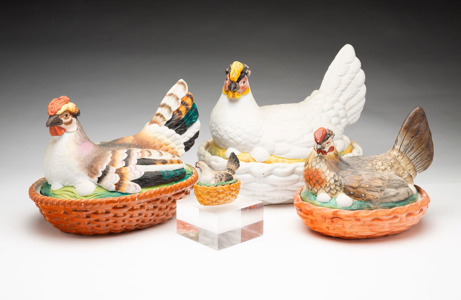 FOUR STAFFORDSHIRE HEN-ON-NEST COVERED DISHES. (1 of 6)