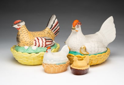 FOUR STAFFORDSHIRE HEN-ON-NEST COVERED DISHES.