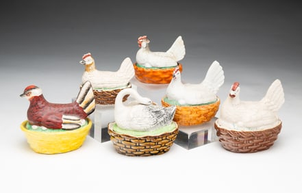 SIX DIMINUTIVE STAFFORDSHIRE HEN-ON-NEST COVERED DISHES.