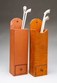 TWO DAVID T. SMITH & CO. (MORROW, OHIO) HANGING PIPE BOXES IN TIGER MAPLE AND PUMPKIN-PAINTED