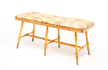 DAVID T. SMITH & CO. (MORROW, OHIO) COLONIAL STYLE PAINTED WINDSOR BENCH IN FLAME STITCH-PATTERNED
