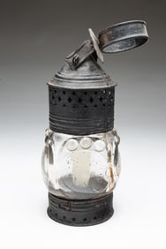AMERICAN IRON AND BLOWN GLASS CANDLE LANTERN.