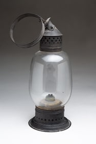 AMERICAN IRON AND BLOWN GLASS WHALE OIL LANTERN.