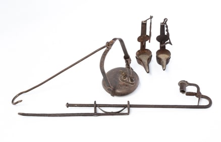 FOUR AMERICAN IRON LIGHTING DEVICES, INCL. FLUID LAMP WITH CHICKEN FINIAL.
