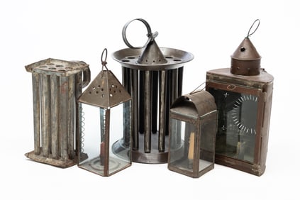 COLLECTION OF FIVE AMERICAN LANTERNS AND CANDLE MOLDS.