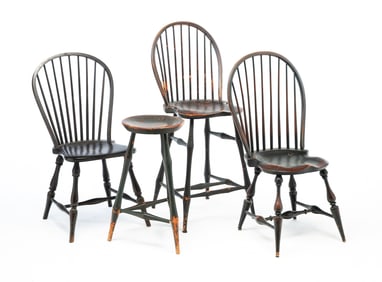 FOUR AMERICAN WINDSOR CHAIRS AND A STOOL, INCL. RIVER BEND CHAIR CO. (LEBANON, OHIO).