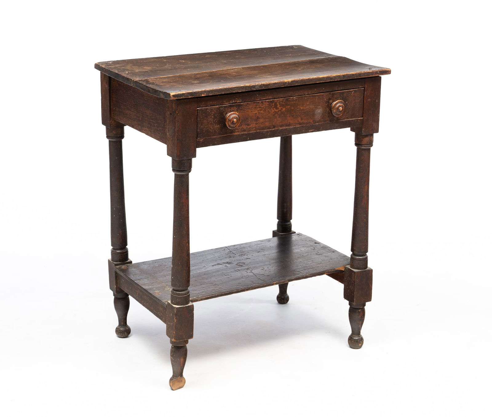 JOHN N. OSWALD (LEBANON, OHIO, 1826-1900) SHERATON BROWN-PAINTED POPLAR STAND.: Mid-late 19th Century. Having a rectangular top above a single frieze drawer and rising on block-turned legs joined by a stretcher shelf. The drawer interior is marked "JOHN N. OSWALD / Manufacturer /