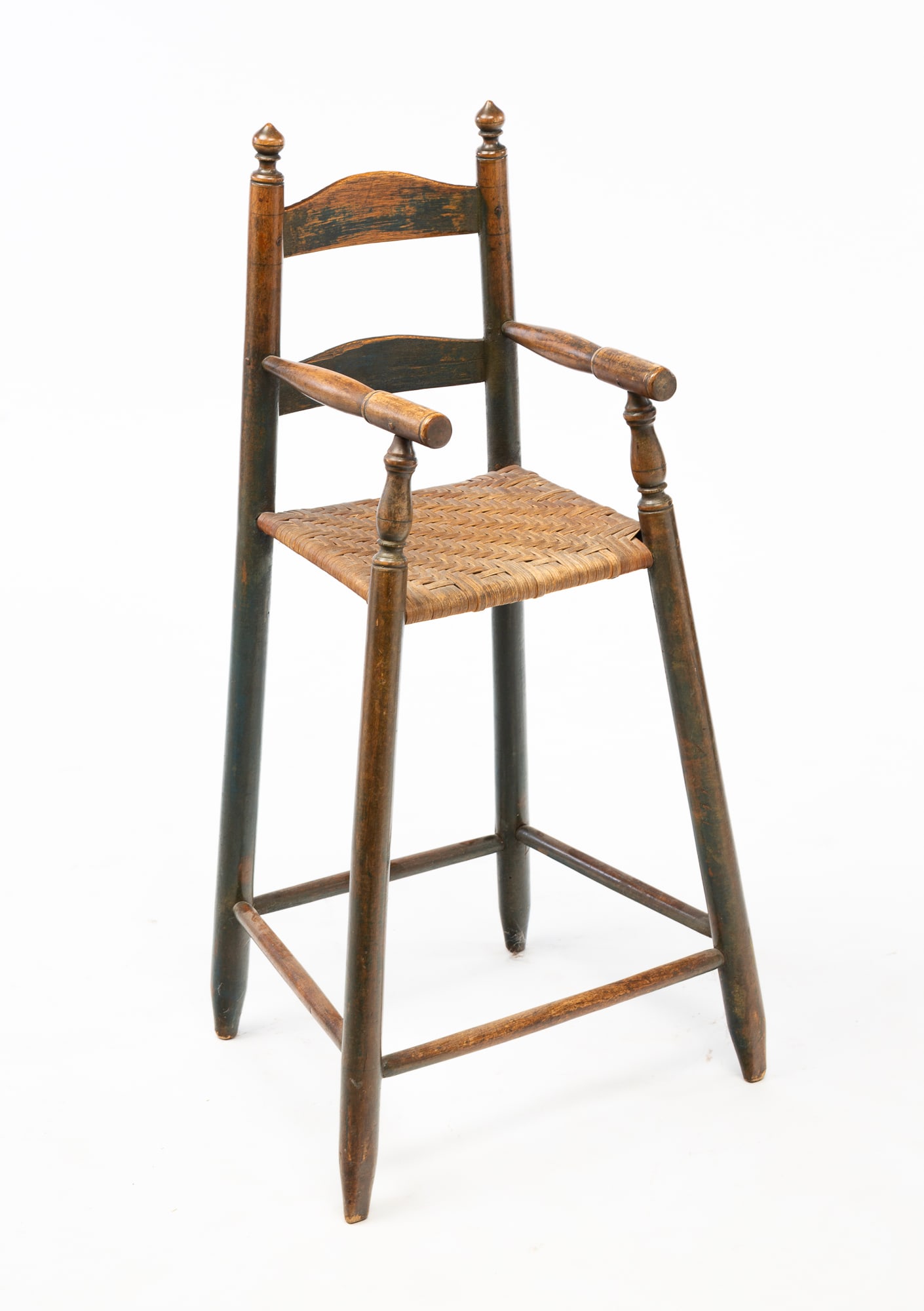 AMERICAN BLUE-PAINTED MAPLE LADDERBACK CHILD'S HIGH CHAIR.: Late 18th-early 19th Century. With hardwood back slats. Pegged construction. Having two arched backslats flanked by turned stiles and acorn finials continuing to turned arms, a splint-woven seat, and