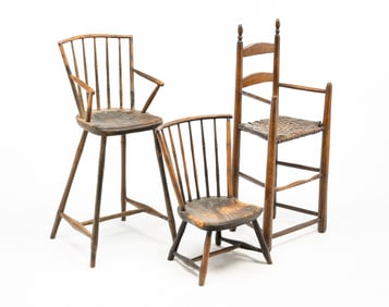 AMERICAN EBONIZED ROD-BACK WINDSOR CHILD'S SIDE CHAIR PLUS TWO HIGH CHAIRS.
