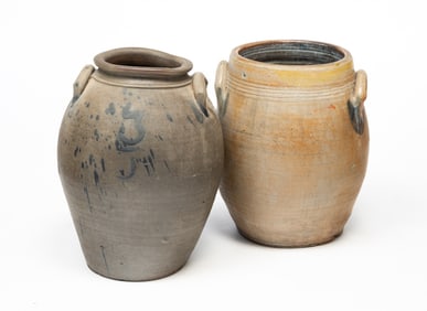 TWO AMERICAN COBALT-DECORATED STONEWARE OVOID DOUBLE-HANDLED JARS.