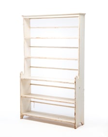 DAVID T. SMITH (MORROW, OHIO) WHITE-PAINTED POPLAR OPEN PEWTER CUPBOARD.