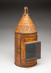 AMERICAN PAINT-DECORATED, PUNCHED TIN, AND GLASS CANDLE LANTERN.