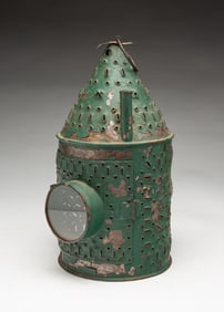 AMERICAN GREEN-PAINTED AND PUNCHED TIN CANDLE LANTERN WITH BULL'S EYE LENS.