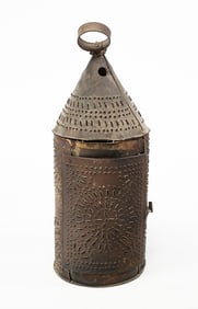 LARGE AMERICAN PUNCHED TIN CANDLE LANTERN.