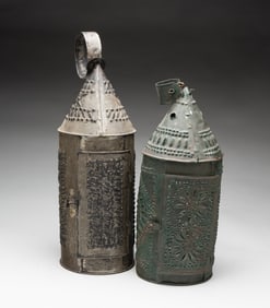 TWO AMERICAN PUNCHED TIN CANDLE LANTERNS.