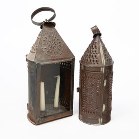 TWO AMERICAN PUNCHED TIN CANDLE LANTERNS.