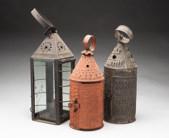 THREE AMERICAN PUNCHED TIN CANDLE LANTERNS.