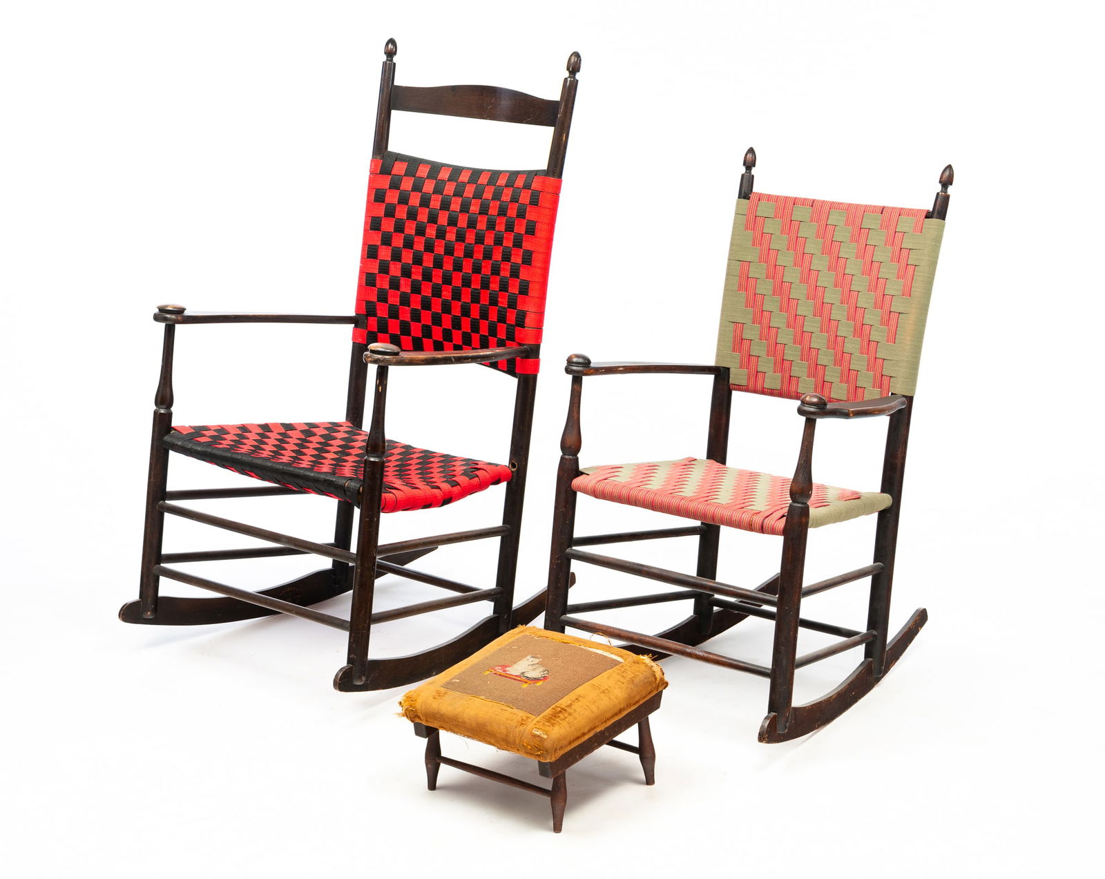 TWO SHAKER (MT. LEBANON, NEW YORK) MAPLE AND TAPE-WOVEN ROCKERS PLUS FOOTSTOOL WITH NEEDLEPOINT CAT. (1 of 6)