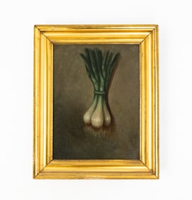 AMERICAN SCHOOL OIL ON CANVAS STILL LIFE PAINTING OF ONIONS.