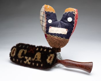 AMERICAN MAKE-DO PINCUSHION AND PAINT-DECORATED BRUSH.