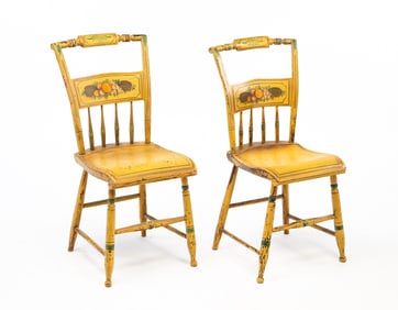 NEAR PAIR OF AMERICAN PAINT-DECORATED AND PARCEL-GILT FANCY SIDE CHAIRS.