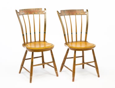 PAIR OF AMERICAN PAINTED AND STENCIL-DECORATED ROD-BACK WINDSOR SIDE CHAIRS.