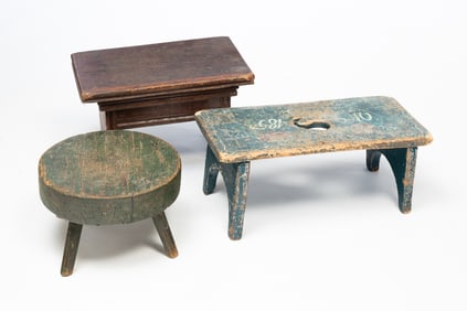 THREE AMERICAN WOOD FOOTSTOOLS.