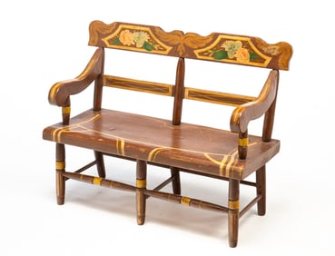 AMERICAN PAINT-DECORATED AND PARCEL-GILT PINE CHILD'S BENCH, SIGNED "J. RIKER" AND "P. SHEARER",