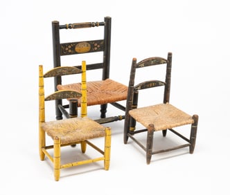 THREE DIMINUTIVE PAINT-DECORATED CHAIRS.