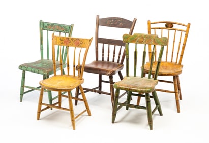 FIVE AMERICAN PAINT-DECORATED SPINDLE-BACK CHILD'S SIDE CHAIRS.