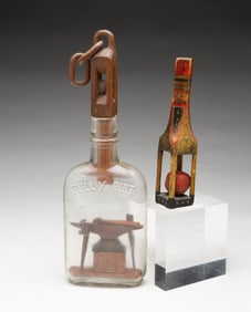 AMERICAN FOLK ART CARVED BOTTLE WHIMSEY, DATED 1928, PLUS PAINT-DECORATED BALL-IN-CAGE WHIMSEY.