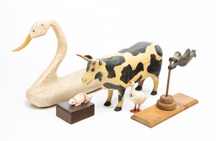 AMERICAN FOLK ART CARVED AND PAINT-DECORATED GROUPING.