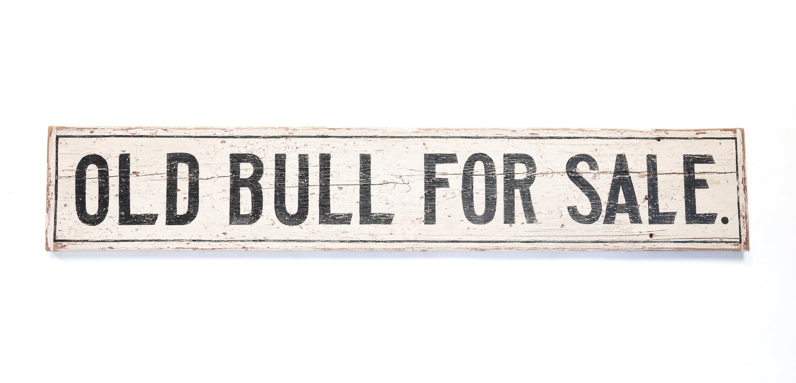 AMERICAN PAINTED PINE "OLD BULL FOR SALE" FARM SIGN.: 20th/21st Century. The white-painted, rectangular sign has breadboard ends, black letters reading "OLD BULL FOR SALE." on one side. The verso is fitted with a sawtooth hanger and two D-rings. 8"h.