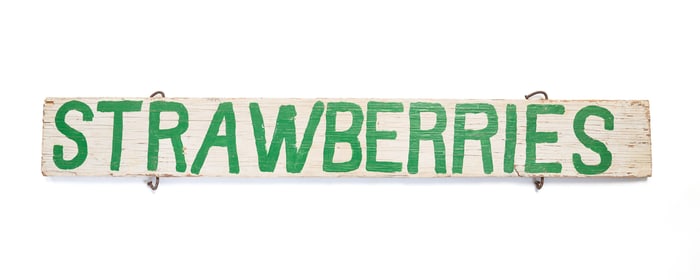 AMERICAN PAINTED "STRAWBERRIES" DOUBLE-SIDED TRADE SIGN.