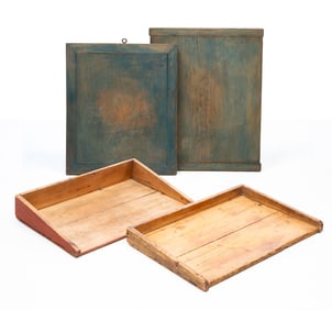 TWO AMERICAN WOOD WORK SURFACES AND TWO CUTTING BOARDS.
